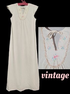 Vintage Cream Maxi Nightgown with Pastel Floral Embroidery